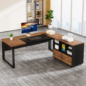 L-Shaped Executive Desk, 63" Computer Desk with Mobile File Cabinet