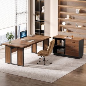 L-Shaped Executive Desk, 63" Computer Desk Workstation with File Cabinet - Image 5