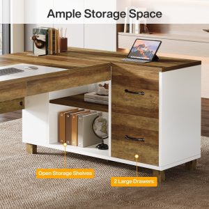 L-Shaped Executive Desk, 78.7" Large Office Corner Computer Desk with File Cabinet - Image 7