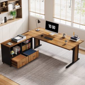 Large L-Shaped Desk, 63" Executive Computer Desk with Mobile File Cabinet - Image 3