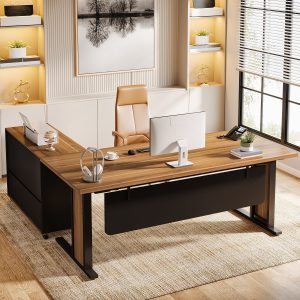 Large L-Shaped Desk, 63" Executive Computer Desk with Mobile File Cabinet - Image 4