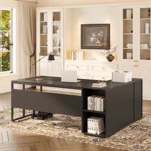 Large L-Shaped Desk, 71 inch Executive Desk with Shelves & Cabinet