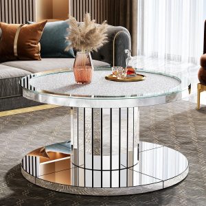 Mirrored Coffee Table, 29.5" Center Table 2-Tier Snack Table