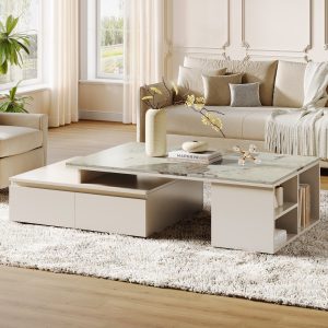 Modern Coffee Table, Extendable Tabletop Center Table with 4 Drawers & Storage Shelf - Image 4