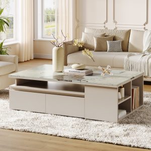 Modern Coffee Table, Extendable Tabletop Center Table with 4 Drawers & Storage Shelf - Image 3