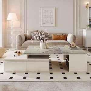 Modern Coffee Table, Extendable Tabletop Center Table with 4 Drawers & Storage Shelf