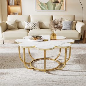 Modern Coffee Table, Flower-Shaped Center Table with Faux Marble Tabletop - Image 4