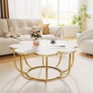 Modern Coffee Table, Flower-Shaped Center Table with Faux Marble Tabletop - Image 6