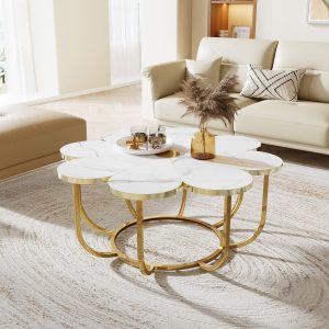 Modern Coffee Table, Flower-Shaped Center Table with Faux Marble Tabletop - Image 5
