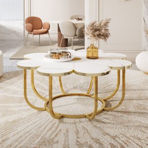 Modern Coffee Table, Flower-Shaped Center Table with Faux Marble Tabletop - Image 3