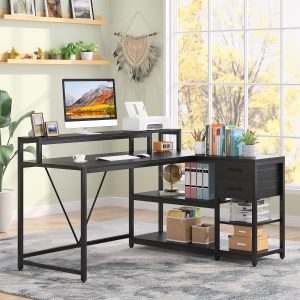 Reversible L-Shaped Desk, Industrial Corner Desk with Drawer & Shelves - Image 14