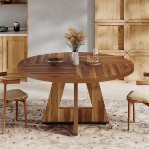 Round Dining Table for 4, 47" Wooden Kitchen Table Farmhouse Dinner Table
