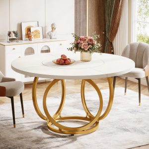 Round Dining Table for 4, Modern 47" Kitchen Table with Metal Base