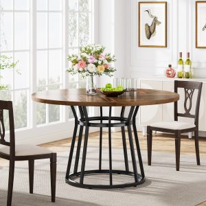 Round Dining Table for 4 People, 47.2" Kitchen Dinner Table with Metal Base