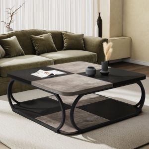 Square Coffee Table, 39" Central Cocktail Table with 2-Tier Shelves - Image 7