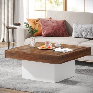 Square Coffee Table, Farmhouse Wood Cocktail Table with LED Light - Image 14