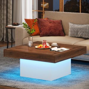 Square Coffee Table, Farmhouse Wood Cocktail Table with LED Light - Image 16