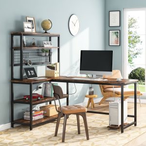 55" Reversible L-Shaped Desk with Wireless Charging & Shelves - Image 7