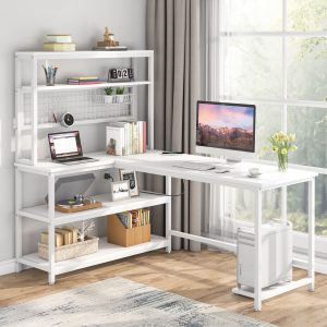 55" Reversible L-Shaped Desk with Wireless Charging & Shelves - Image 11