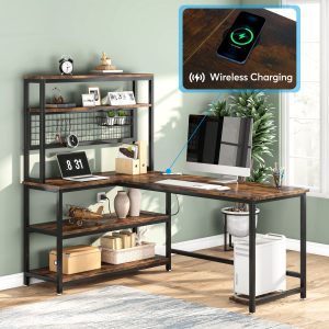 55" Reversible L-Shaped Desk with Wireless Charging & Shelves - Image 8
