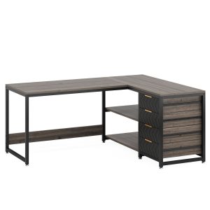59" L-Shaped Desk, Reversible Corner Desk with Drawers & Shelves - Image 14
