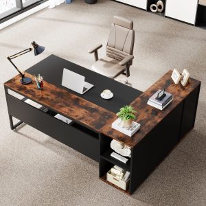 Large L-Shaped Desk, 71 inch Executive Desk with Shelves & Cabinet - Image 10