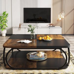Square Coffee Table, 39" Central Cocktail Table with 2-Tier Shelves - Image 5