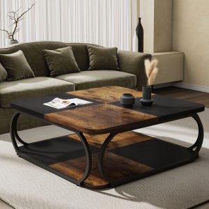 Square Coffee Table, 39" Central Cocktail Table with 2-Tier Shelves - Image 3