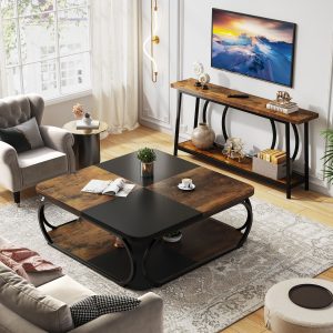 Square Coffee Table, 39" Central Cocktail Table with 2-Tier Shelves - Image 4