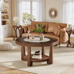 Wood Coffee Table, Round 2-Tier Accent Center Table - Image 4