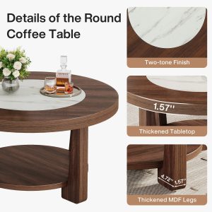 Wood Coffee Table, Round 2-Tier Accent Center Table - Image 6