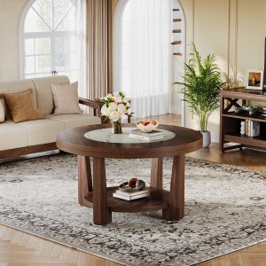 Wood Coffee Table, Round 2-Tier Accent Center Table - Image 5
