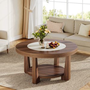 Wood Coffee Table, Round 2-Tier Accent Center Table - Image 3