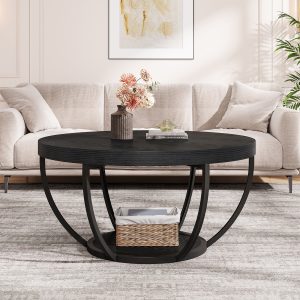 Wooden Coffee Table, 2-Tier Round Central Cocktail Table with Shelves - Image 14