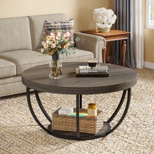 Wooden Coffee Table, 2-Tier Round Central Cocktail Table with Shelves - Image 12