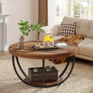 Wooden Coffee Table, 2-Tier Round Central Cocktail Table with Shelves - Image 10