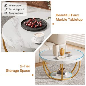 Wooden Coffee Table, 2-Tier Round Central Cocktail Table with Shelves - Image 9