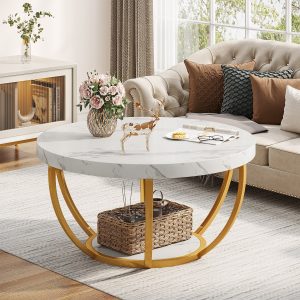 Wooden Coffee Table, 2-Tier Round Central Cocktail Table with Shelves - Image 7